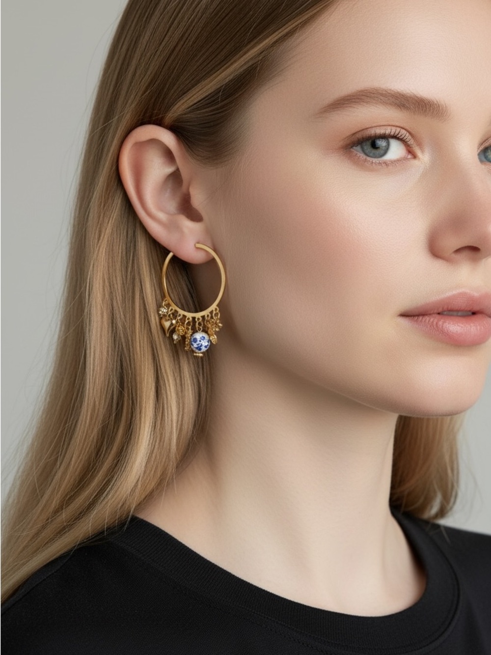 10/3 Gold Hoop Charm Earrings with Blue Porcelain Accent